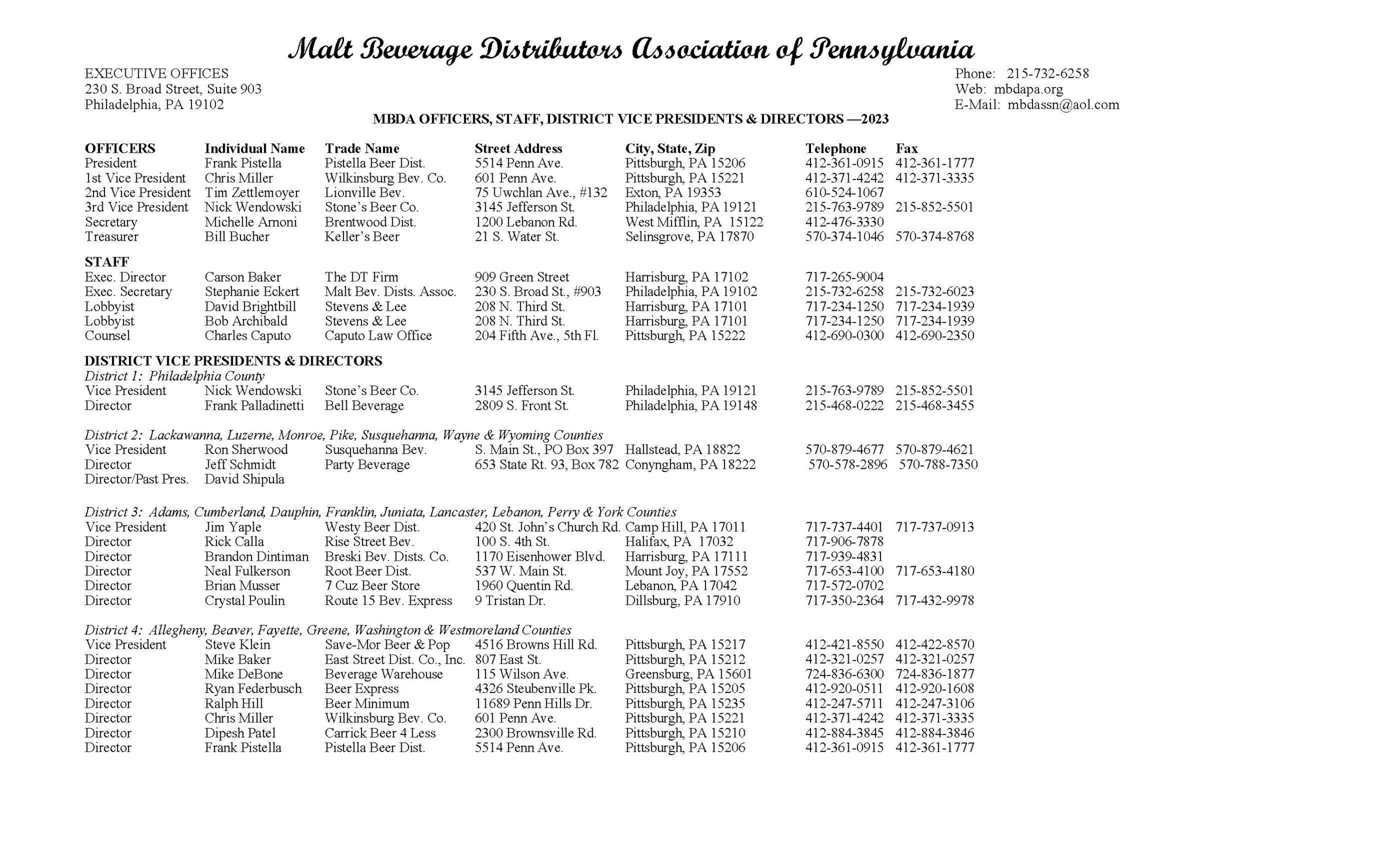 Officers, Directors & Staff The Malt Beverage Distributors